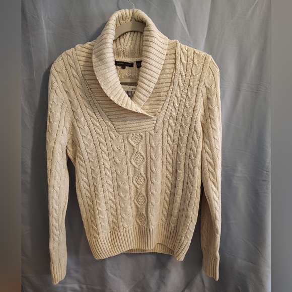 NWT Jeanne Pierre Women's Medium Cable Knit Shawl Collar Cream Sand Cotton - Picture 1 of 9